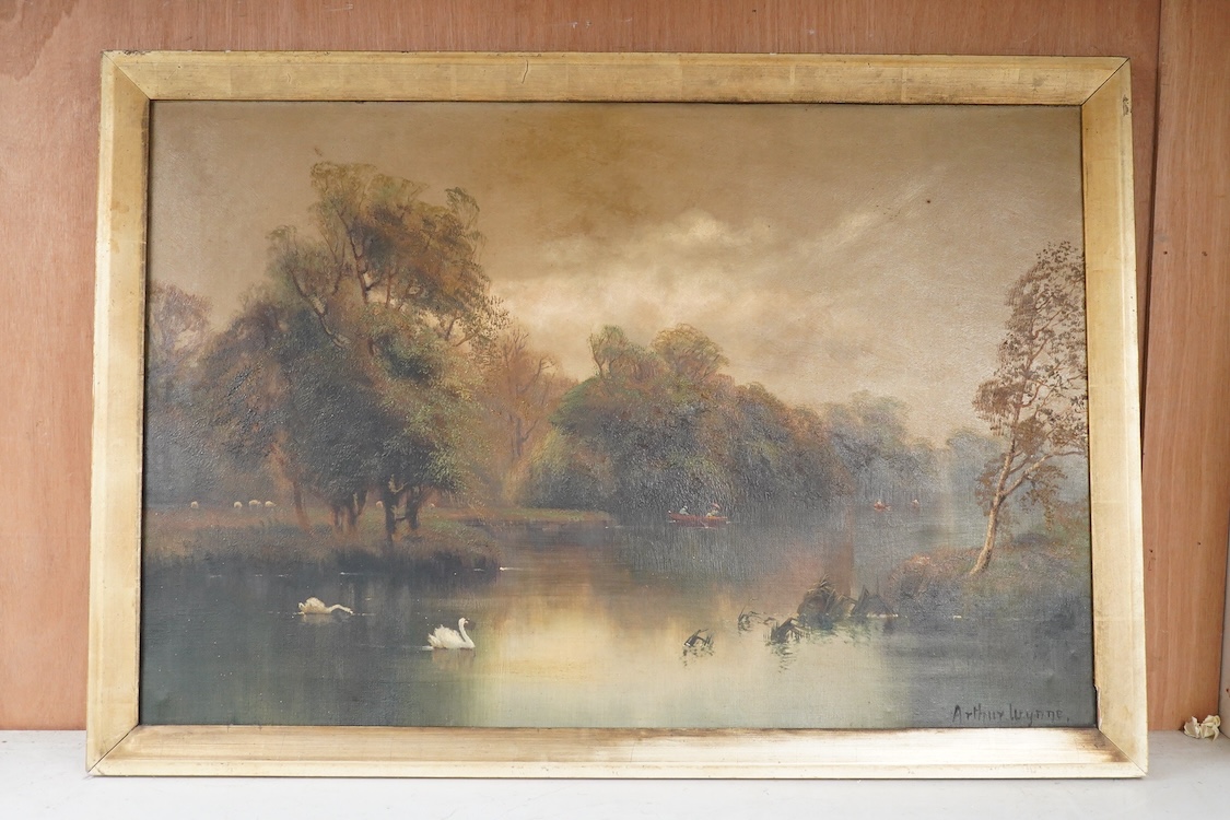 Arthur Wynne (19th. C), Riverscape with swans, signed, oil on canvas, 50 x 75cm
